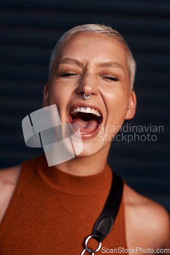 Image of Young woman, happy scream and portrait with hipster and gen z fashion with a smile and piercing. Cool style, face and cosmetics of female person with happiness, confidence and jewelry wearing makeup
