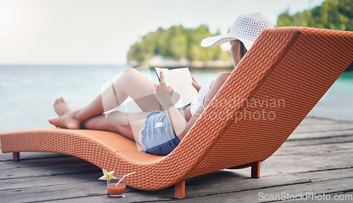 Image of Relax, reading and travel with woman at hotel resort for summer vacation, peace and tropical. Books, luxury and holiday with female tourist on deck at Bali villa for calm, exotic and resting