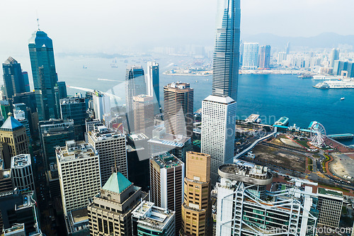 Image of Office, building and skyscraper on the coast in an urban city with development and scenery. Cityscape, architecture and high rise buildings in downtown chicago with water and ariel view for travel.