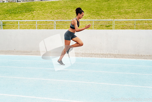 Image of Woman, cardio and running on stadium track for training, physical exercise or workout. Active, fit or sporty female person, athlete or runner in sports run, race or competition for healthy wellness