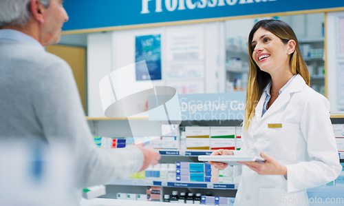 Image of Pharmacist conversation, senior customer and woman helping elderly patient, pharmacy client or person. Healthcare support, communication and female chemist talking, service and help with prescription