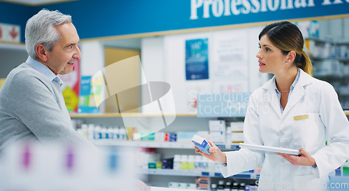 Image of Pharmacy product, elderly customer and woman helping patient, client or person with pharmaceutical, pills or package. Medicine, advice and female chemist talking, service and help with prescription