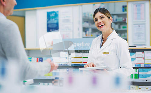 Image of Pharmacy tablet, customer and happy woman, pharmacist or clerk helping clinic patient, healthcare client or person. Hospital support, help and female chemist search online database for store product