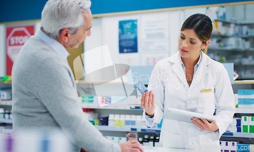 Image of Pharmacy tablet, elderly customer and woman helping patient, client or person with pharmaceutical, pills box or product. Medicine, choice and pharmacist consulting, help or advice recommendation