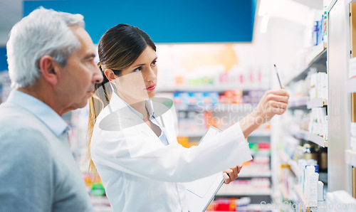 Image of Store shelf, senior man and pharmacy woman, advice and recommendation of pills, medicine or prescription drugs. Customer, healthcare support and female pharmacist helping old person with decision