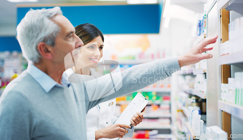 Image of Store shelf, senior customer and pharmacy woman, advice and recommendation of pills choice, medicine or product. Elderly patient, service client and female pharmacist helping old man with decision