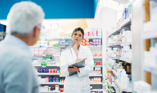 Image of Pharmacy customer, clipboard and woman helping patient with pharmaceutical choice, product decision or medicine search. Healthcare clinic, hospital pharmacist and person answer question about pills