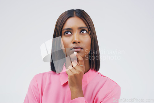 Image of Thinking, confused and woman in studio with decision on mockup, space and grey background. Choice, contemplation and Indian female person with doubt, emoji and confusion, pensive and puzzled thoughts