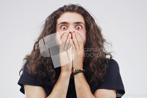 Image of Portrait, wow and man with surprise, mockup and guy on a white studio background with gossip. Face, male person and model with shock, omg expression with opportunity, emoji and confident with deal