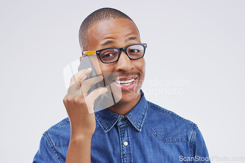 Image of Phone call, talking and portrait of black man in studio for conversation, speaking and chat. Communication mockup, white background and male person on smartphone for network, contact and connection