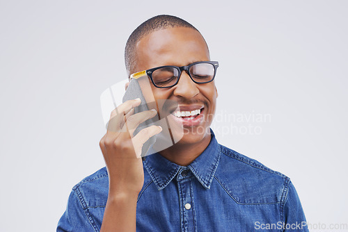 Image of Phone call, laugh and black man in studio with smile for conversation, talking and funny chat. Communication mockup, white background and male person on smartphone for network, contact and connection