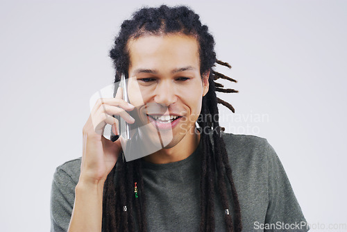 Image of Phone call, happy and face of man in studio with smile for conversation, talking and chatting. Communication mockup, white background and male person on smartphone for network, contact and connection