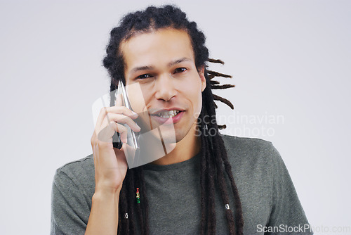 Image of Phone call, talking and portrait of man in studio for conversation, speaking and chat. Communication mockup, white background and male person face on smartphone for network, contact and connection