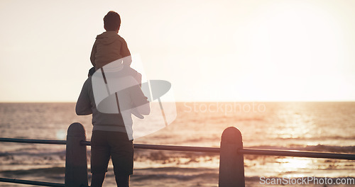 Image of Father, child and back in sunset at beach for family bonding, playing or fun holiday weekend in nature. Dad carrying kid on piggyback by ocean coast enjoying sunrise or time together on mockup space