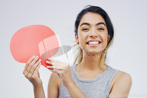 Image of Woman with smile, speech bubble and social media, mockup space and online voice on white background. Communication, announcement and female person in portrait, board with news and opinion in studio