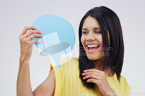 Image of Happy woman is excited, speech bubble and social media with mockup space and online voice on white background. Communication, announcement and female person with news and opinion in studio