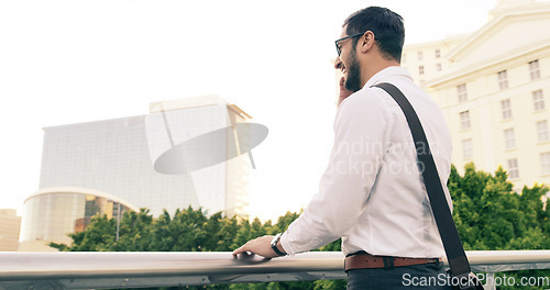 Image of Phone call, funny and business man in city, communication or conversation on mockup space. Cellphone, laughing and happy male professional talk, speaking and discussion outdoor with contact in street