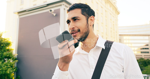 Image of Cellphone, voice note and business man in city, communication or conversation call with contact. Phone, virtual assistant and male professional talking, speaking or discussion on urban town street