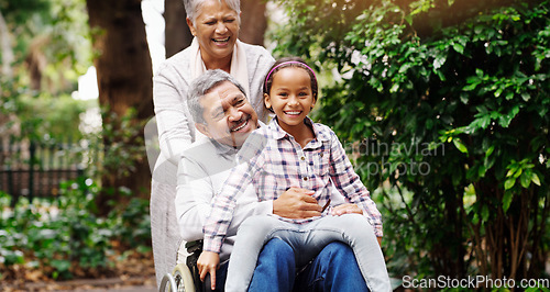 Image of Grandparents, park and a senior man in a wheelchair together with his wife and adorable granddaughter. Person with a disability, love or time with a happy girl child and her mature family in a garden