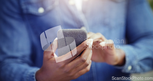 Image of Hands, phone for social media with communication and technology with internet. Person is online with tech gadget, scroll mobile app with connectivity and chat, browsing and texting closeup