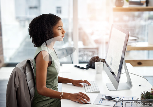 Image of Computer, research and business woman with office online report, copywriting or editing on website software. Young african person, editor or journalist typing on desktop, keyboard or monitor article