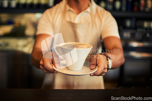 Image of Coffee cup, man hands and cafe barista with hot chocolate, espresso or latte for hydration, wellness and store service. Startup small business, shop and male waiter giving drink, beverage or liquid