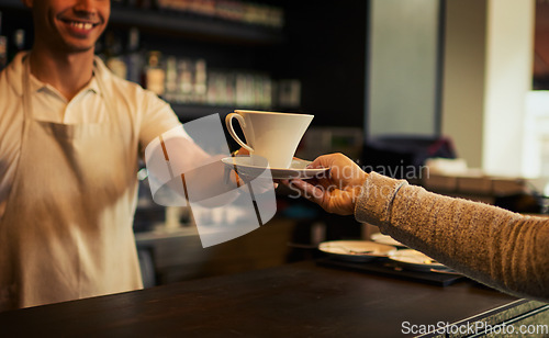 Image of Coffee shop customer, happy people and barista hands with tea cup, espresso or matcha for morning hydration. Hospitality, restaurant industry server and waiter giving client drink, beverage or liquid