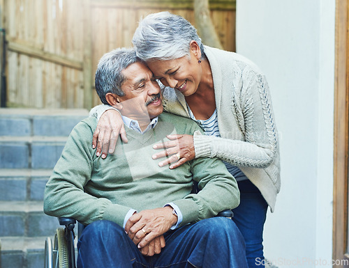 Image of Support, wheelchair and senior couple hug with care, smile and love by elderly happy people in retirement. Old man, rehabilitation and person with disability and woman helping in empathy in marriage