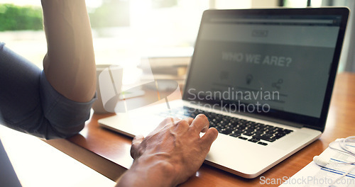 Image of Laptop, screen and hands of businessman typing a project, professional and proposal in a home office. About us, man and entrepreneur reading from internet or website working on digital marketing