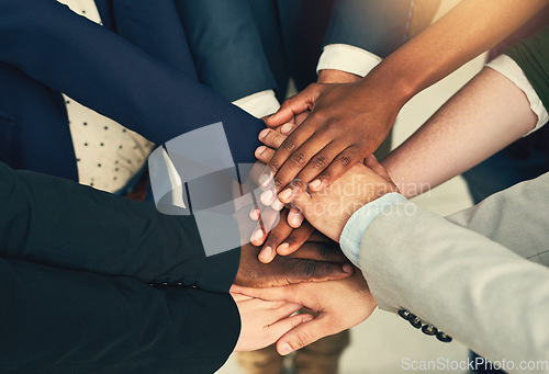 Image of Teamwork, diversity and hands stack of business people in office for achievement, team building and goals. Corporate, collaboration and workers with hand together for solidarity, support and mission