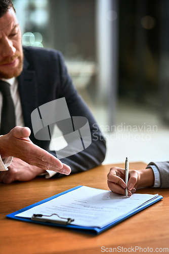 Image of Documents, signature and business man in partner deal, legal advice and attorney paperwork, law firm and night. Policy paper of lawyer person, notary or people hands writing, compliance and agreement