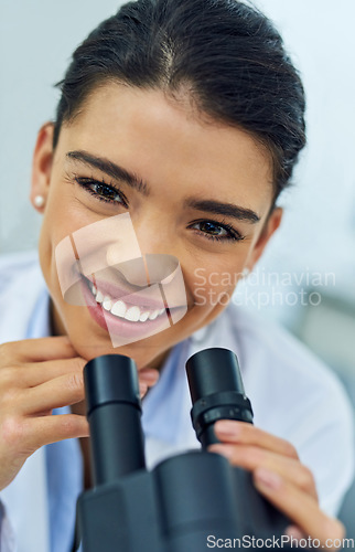 Image of Face, woman and scientist smile with microscope in lab for medical research. Happy, science portrait and female doctor with DNA experiment and analysis, particle test and future investigation
