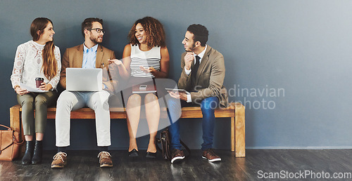 Image of Business people, hiring wait and work conversation before a job interview and sitting in line. Communication, technology and staff with diversity and discussing for recruit meeting with mockup