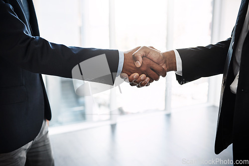 Image of Handshake, collaboration and hands of business people in office for partnership, contract deal and agreement. Corporate lawyer, greeting and men shaking hand for thank you, welcome and negotiation