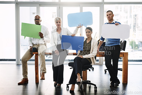 Image of Business people, speech bubble and team portrait for diversity, mission or collaboration for opinion, Men, women and poster for social network, vote or review with ideas, smile and mock up in office