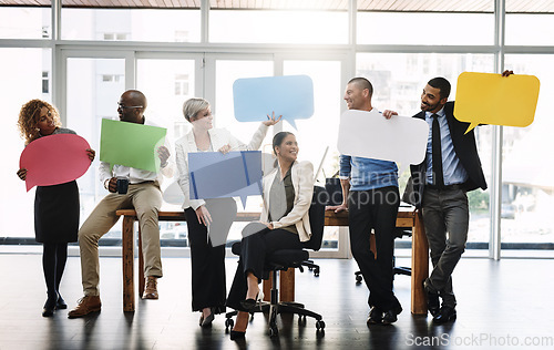 Image of Business people, speech bubble and group with diversity, teamwork or social media for opinion on sign, Men, women and poster for social media, vote or review with ideas, smile and mock up in office