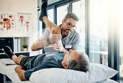 Image of Stretching legs, help and a physiotherapist with a man for wellness and recovery support. Rehabilitation, health and a male doctor helping an elderly person with physiotherapy on body muscle