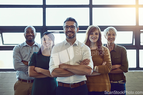 Image of Smile, crossed arms and portrait of a business team in office for unity, collaboration or teamwork. Happy, diversity and group of corporate employees with success, support and leadership in workplace