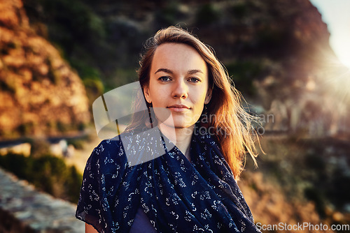 Image of Portrait, young woman and relax outdoors or tourist for vacation in summer or europe fresh air in nature and on mountains. Face, female person and natural tour or sunlight or travelling and holiday