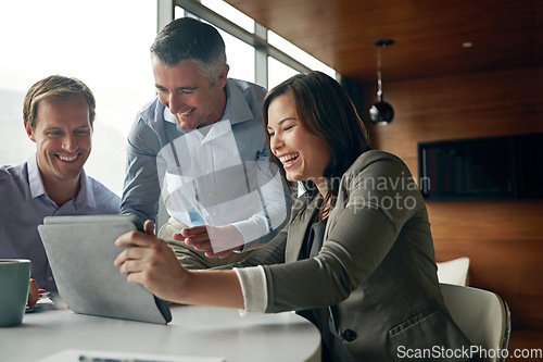 Image of Happy, tablet and business people in meeting for online results, data analytics and excited with profit increase. professional woman, men and boss on digital technology for website stats or revenue