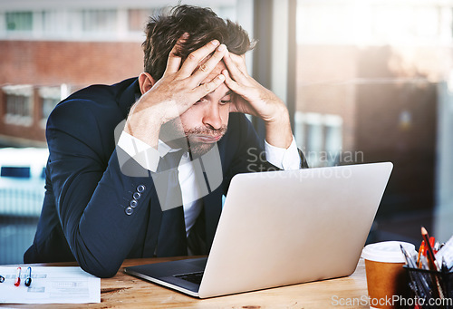 Image of Business man, stress and frustrated for computer news, debt review and finance report, budget risk or job anxiety. Crisis, problem and mistake, glitch or burnout accountant person working on laptop