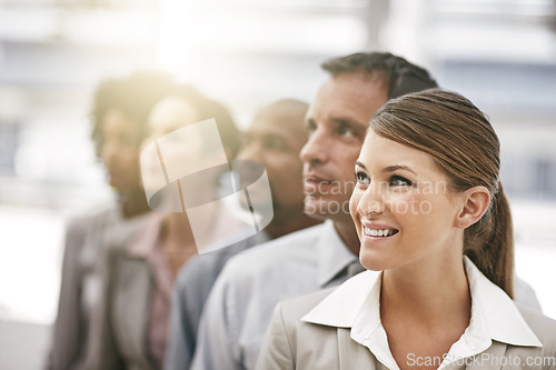 Image of Business people, face and team thinking with smile, professional collaboration with diversity and teamwork. Company community, success and career mindset with happy group of employees at workplace