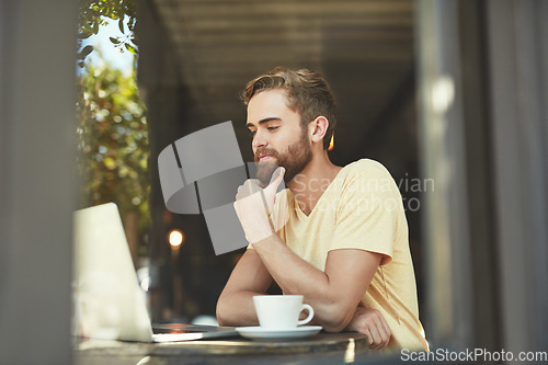 Image of Coffee shop laptop, man and thinking of project idea, research report or customer experience insight. Remote work, problem solving and person contemplating hospitality review in restaurant store