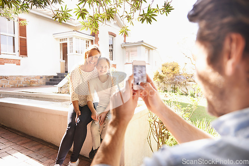 Image of House, happy family love and cellphone photo of kid, mother or people with father taking Mothers Day picture. Home, photography and bonding mom, dad and child support, care and post to social media