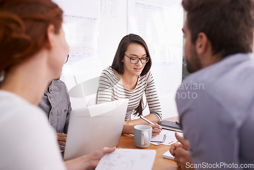 Image of People in creative meeting, brainstorming ideas and team working in conference room. Plan, collaboration with men and women in strategy discussion at marketing startup, productivity and writing notes