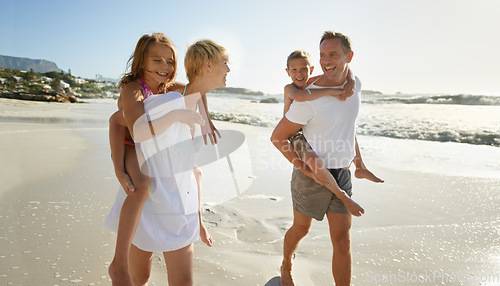 Image of Beach, family walk and piggyback with laughing mother, father and kids together outdoor in nature travel. Sea, smile or happiness with bonding, parent support and love walking by the ocean on holiday