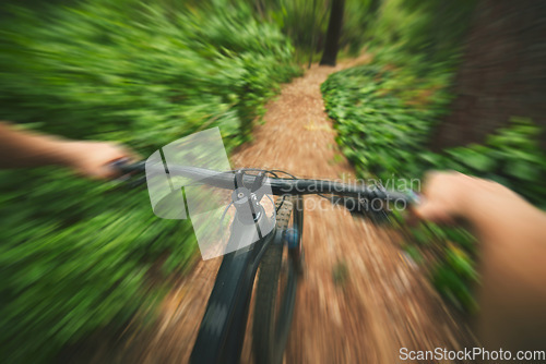 Image of POV, mountain bike and sports person in forest, park and path for adventure, speed and motion blur. Closeup perspective of bicycle handle, fast athlete and cycling action in nature for off road race