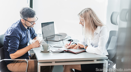 Image of Business meeting. Client consulting. Confident business woman, real estate agent, financial advisor explaining details of project or financial product to client in office.