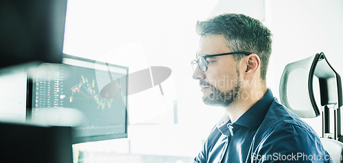 Image of Stock broker trading online watching charts and data analyses on multiple computer screens.