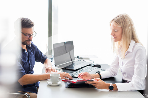 Image of Business meeting. Client consulting. Confident business woman, real estate agent, financial advisor explaining details of project or financial product to client in office.